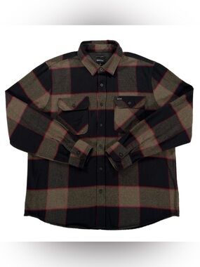 Brixton Bowery Men Large Flannel Shirt Plaid Long Sleeve Brown Black Button Up